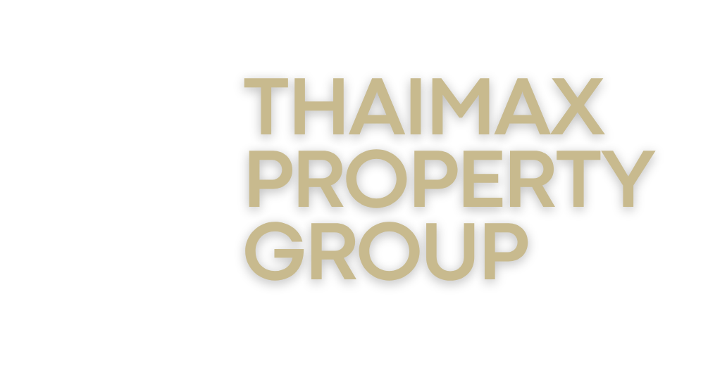 Thaimax Property Group logo: a white geometric building icon on the left with beige text on the right against a black background.