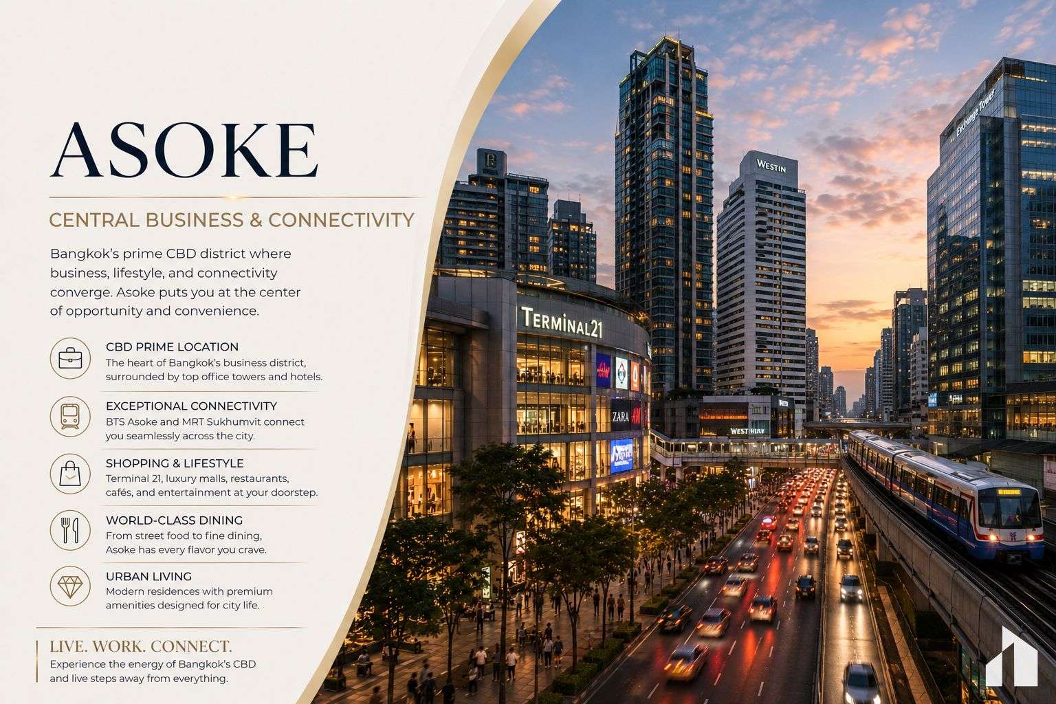 Promotional poster for Asoke CBD highlighting central business & connectivity with Bangkok skyline and Terminal 21, at sunset.