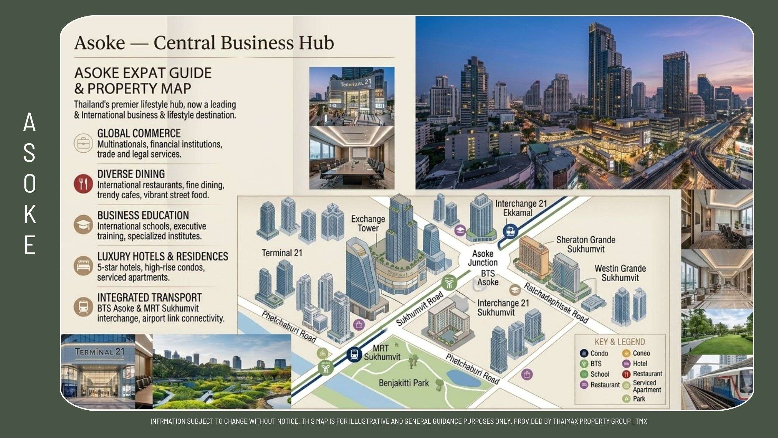 Informational map of Asoke Central Business Hub showing sections like Global Commerce, Diverse Dining, and Luxury Hotels alongside a route map and skyline photos.