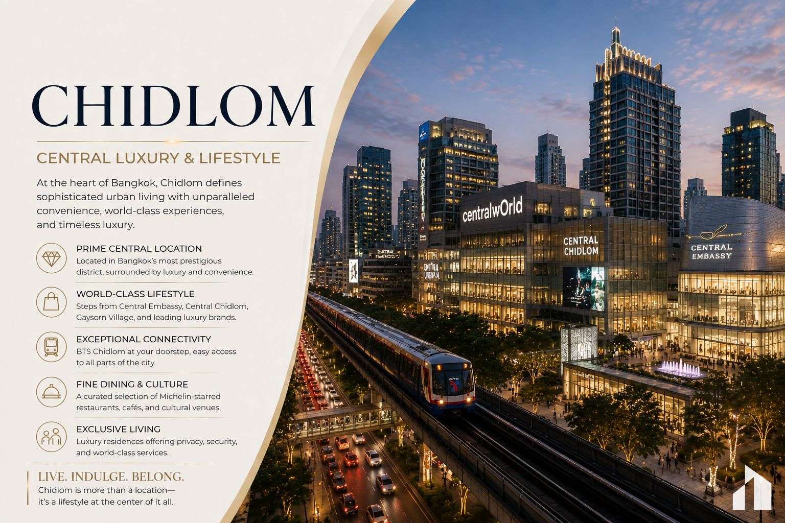 Promotional banner for Chidlom luxury living showing Bangkok skyline, CentralWorld signage, and an elevated train with a light beige info panel on the left.