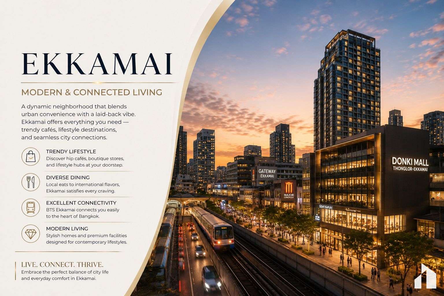 Promotional banner for EKKAMAI living with headline text on the left and a sunset cityscape with an elevated train on the right.