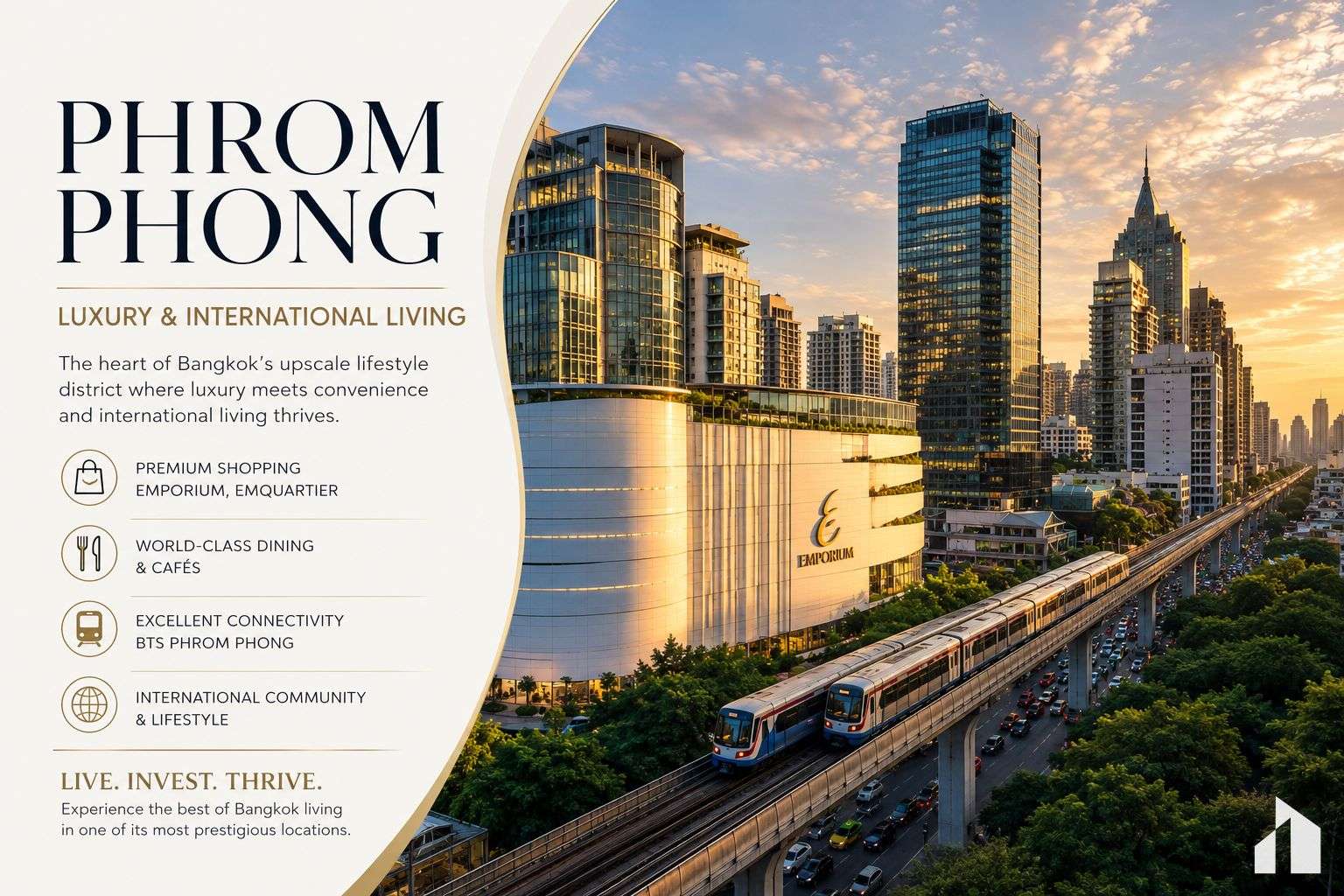 Advertisement banner for Phrom Phong luxury living, showing Bangkok skyline with an elevated train alongside a curved cream panel containing text on the left.
