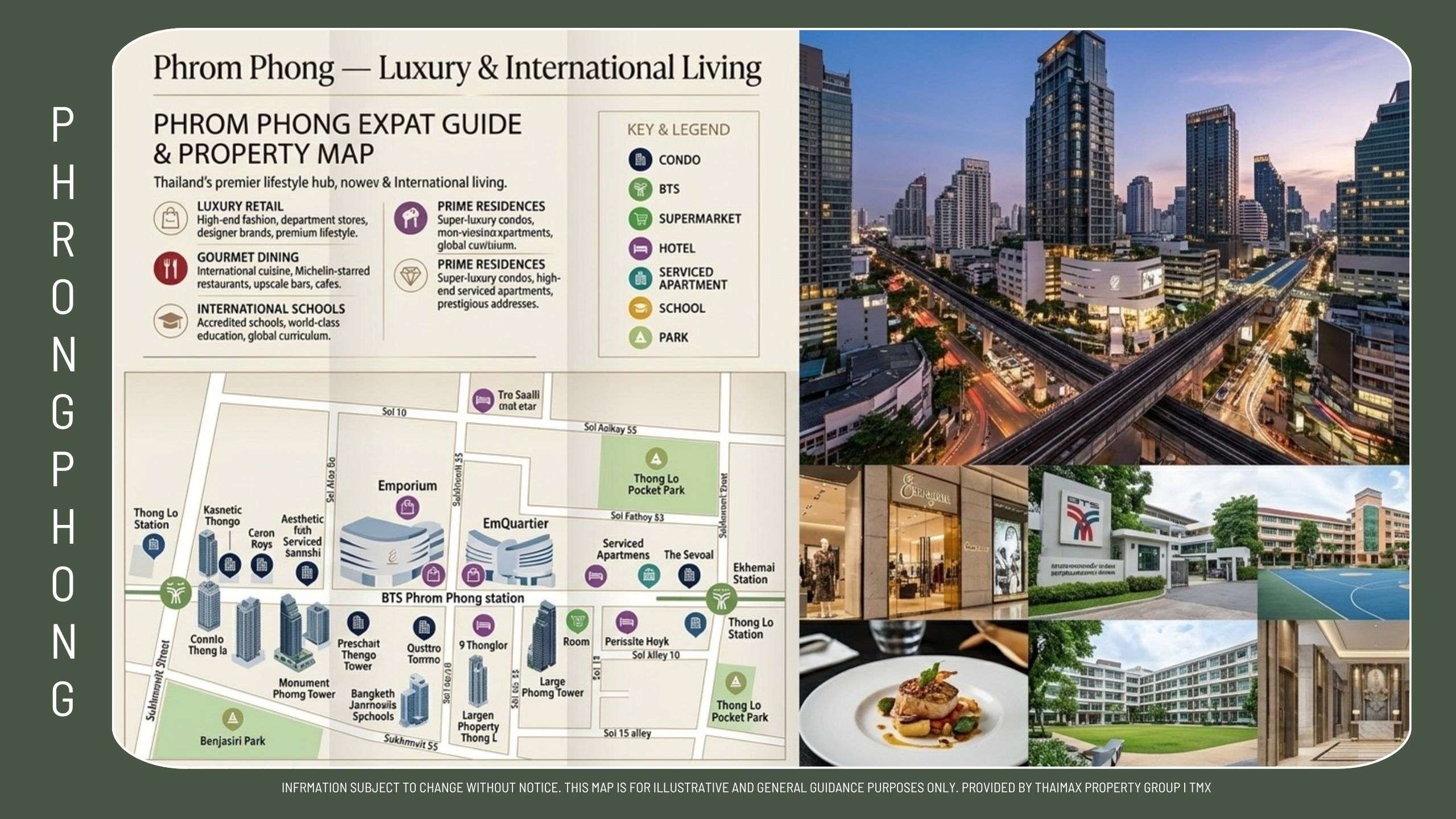 Map of Phrom Phong area with a legend and BTS Phrom Phong station on the left, beside a city skyline and shopping photos on the right.