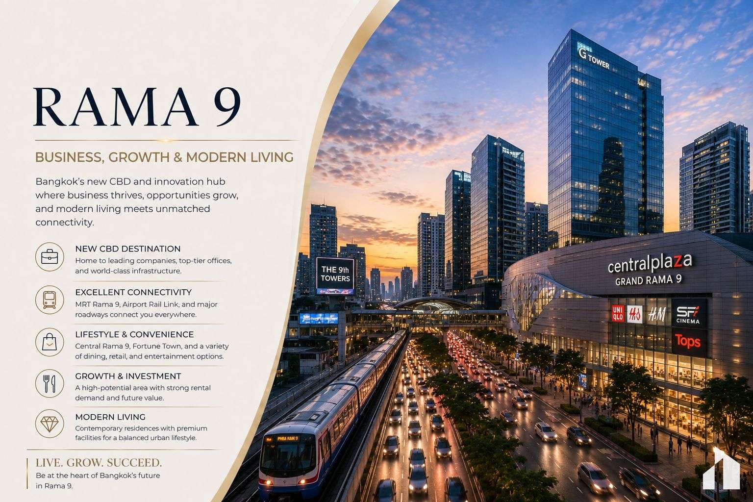 RAMA 9 promotional banner with 'BUSINESS, GROWTH & MODERN LIVING' text on the left and a Bangkok skyline on the right.