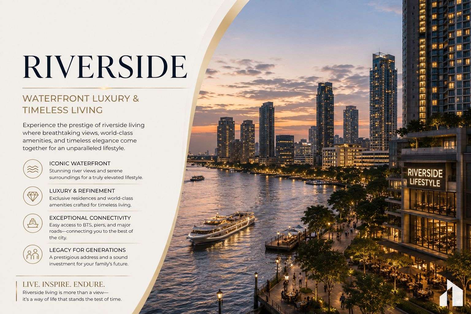 Promotional hero image for Riverside Waterfront Luxury: city skyline along a river at dusk with a boat and 'RIVERSIDE LIFESTYLE' signage on the right panel.