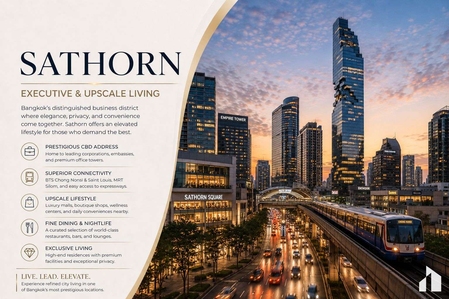 Advertisement for Sathorn: executive and upscale living in Bangkok with skyline and elevated train image.