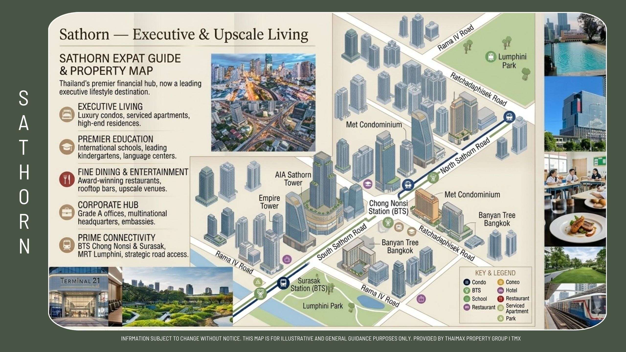 Sathorn property map poster showing roads, buildings, and landmarks with a side legend listing amenities like condos and dining spots.