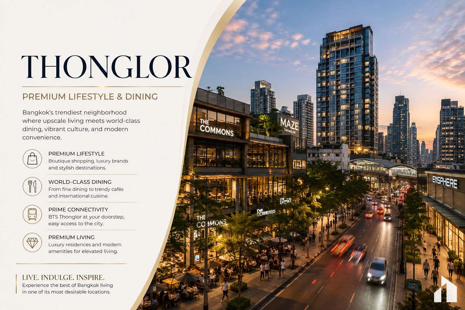 Promotional banner for Thonglor premium lifestyle and dining with a cityscape at dusk.
