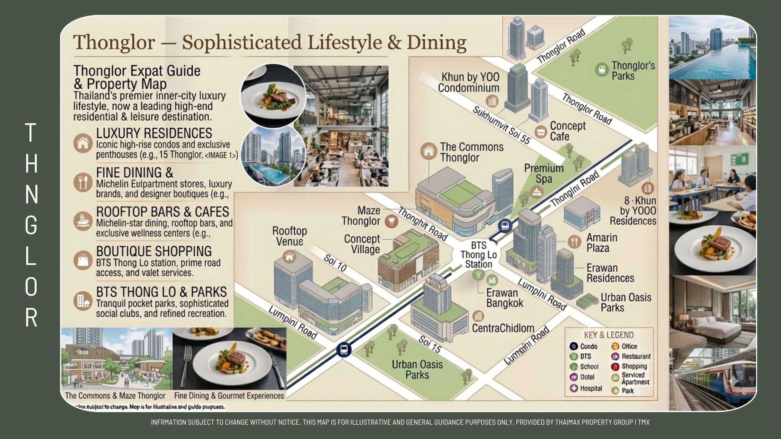 Illustrated map of Thonglor showing neighborhoods, condo towers, parks, and dining spots; left panel lists luxury residences, fine dining, rooftop bars; photo strip on the right.