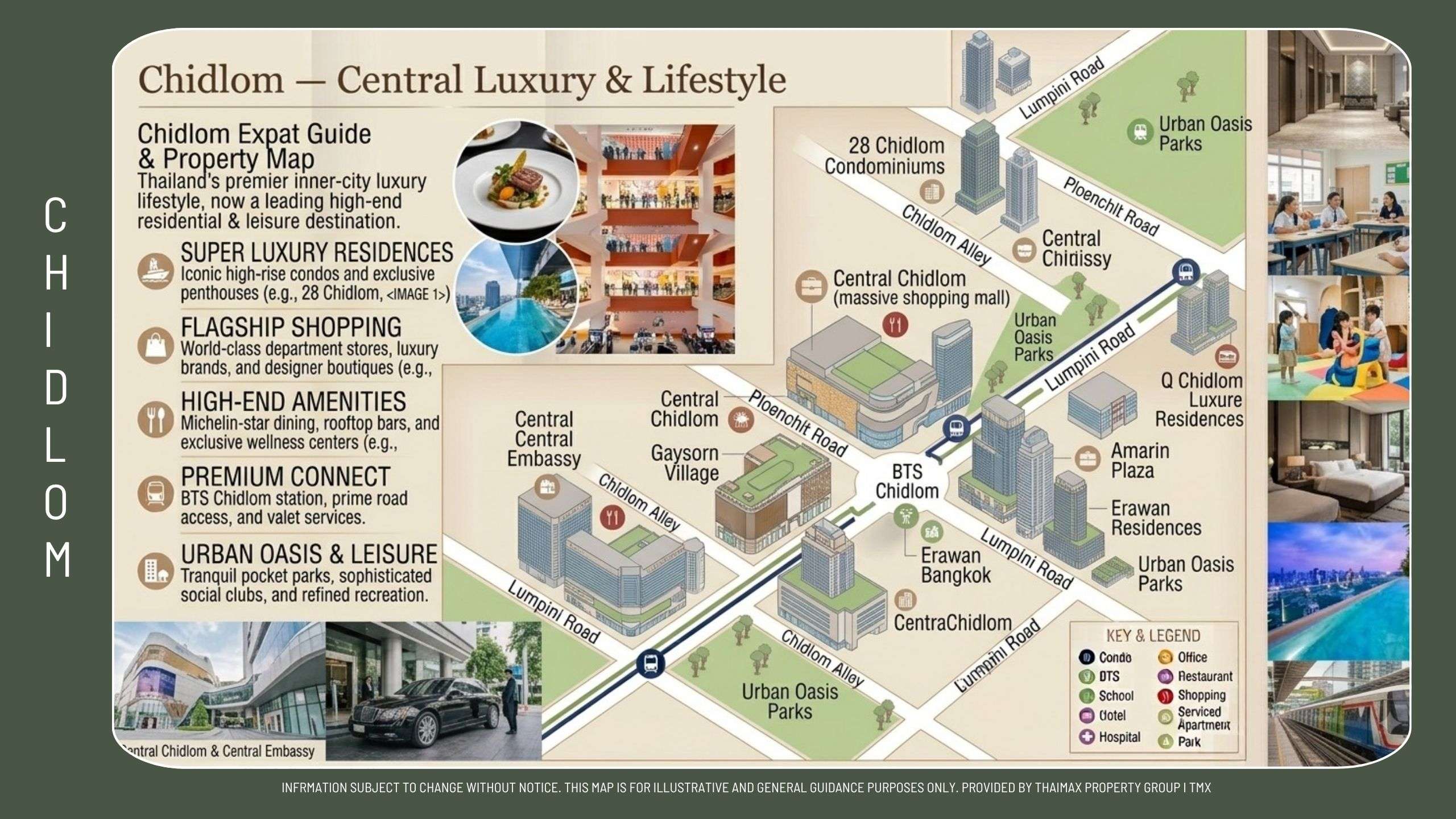 Map of Chidlom – Central Luxury & Lifestyle showing malls, luxury residences (28 Chidlom Condominiums), parks, and BTS Chidlom station.