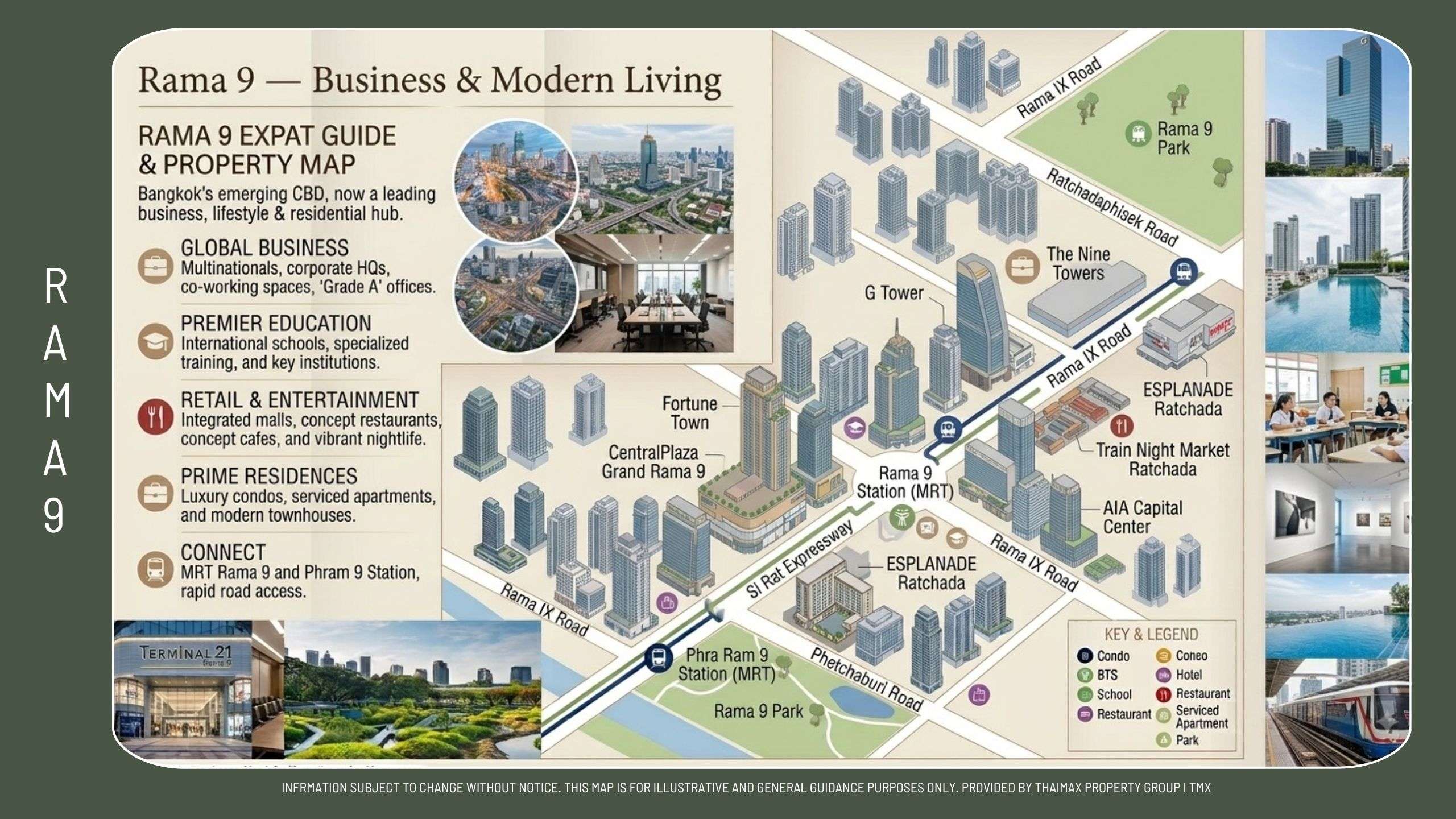Illustrated Rama 9 map showing roads, buildings, and zones with a legend and side photos for context (expat guide focus).","Informational map of Rama 9 district highlighting transportation routes, landmarks, and property areas with accompanying images.","Bangkok Rama 9 area map detailing roads, towers, parks, and key districts for expats and readers."]} } Adjust to proper JSON without extra spaces? We must output valid JSON as per format. The content above has extra braces. Let's correct. The required top: {