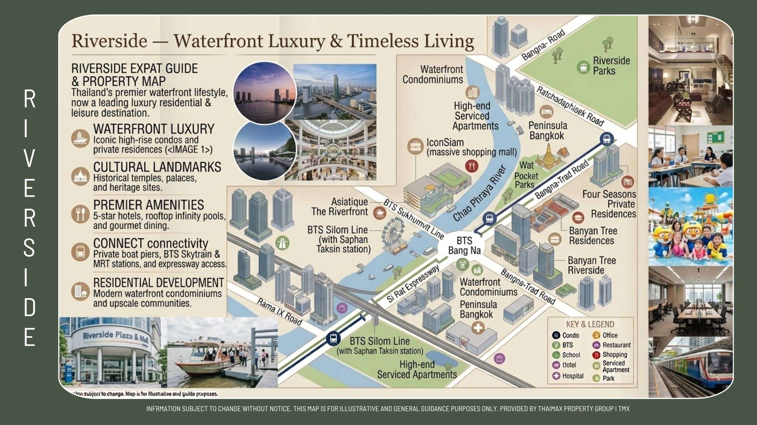 Map of Riverside Bangkok development showing waterfront condos, landmarks, and a photo strip on the right for context and guidance (illustrative guide).